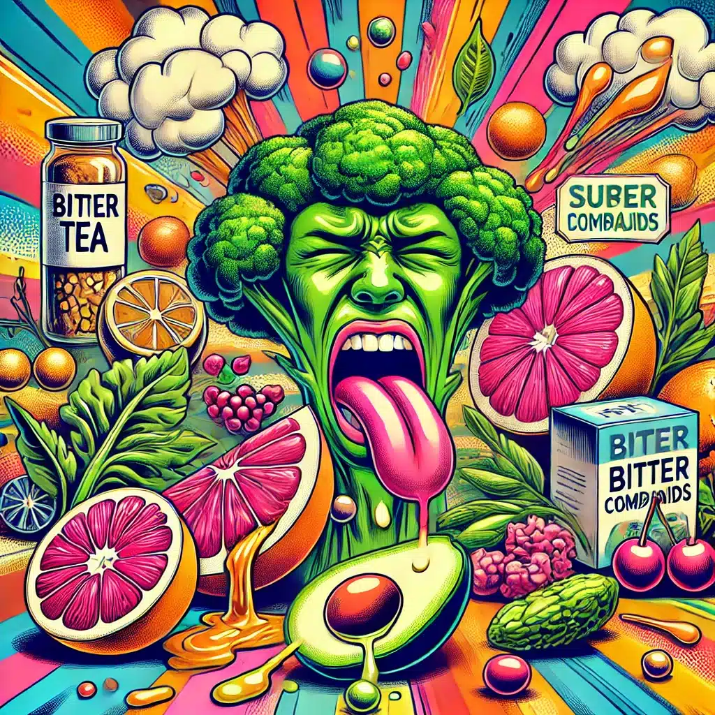 Colorful illustration of a face with bitter fruits.
