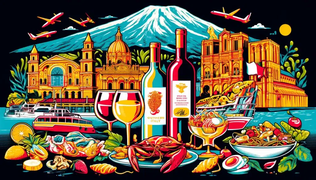 Southern Italy landmarks, wine, and cuisine illustration