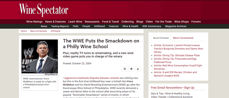 WWE vs the Sommelier Smackdown, Wine Spectator, October 22nd, 2009