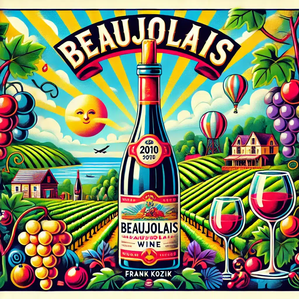 Beaujolais wine bottle in colorful vineyard scene.