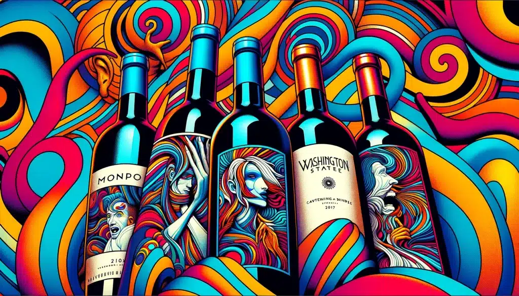 Colorful wine bottles with psychedelic art labels.