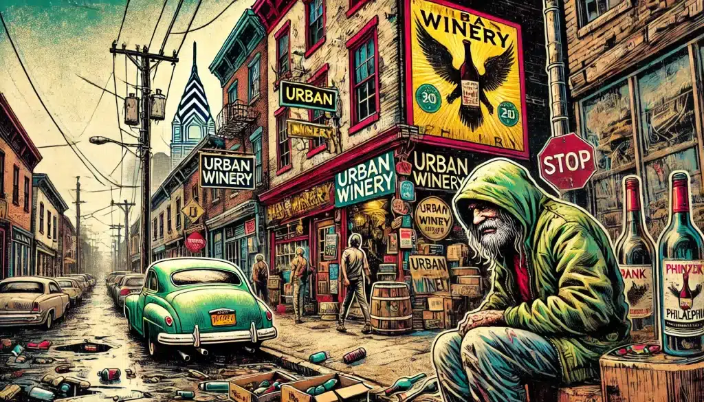 Urban street scene with winery signs and people