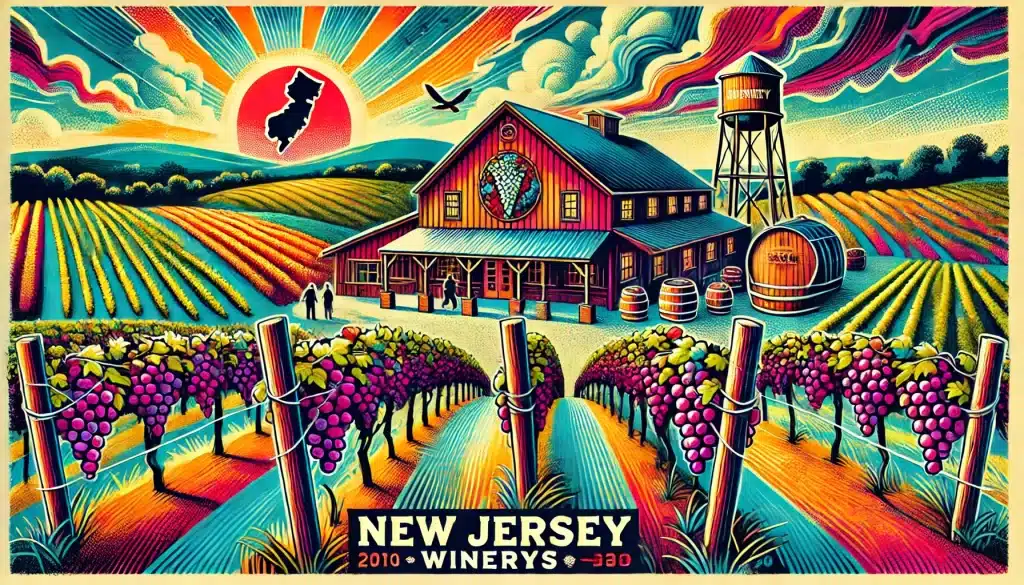 New Jersey winery with vineyards and sunset