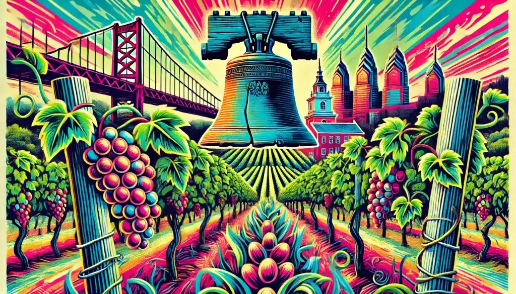 Colorful vineyard with landmarks and Liberty Bell