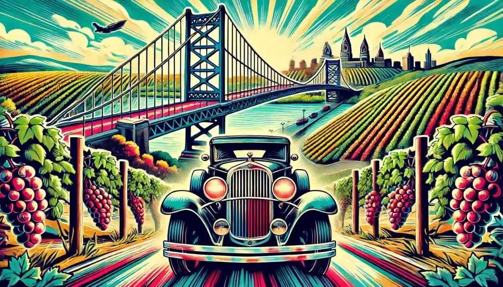 Vintage car, bridge, vineyards, and city skyline.
