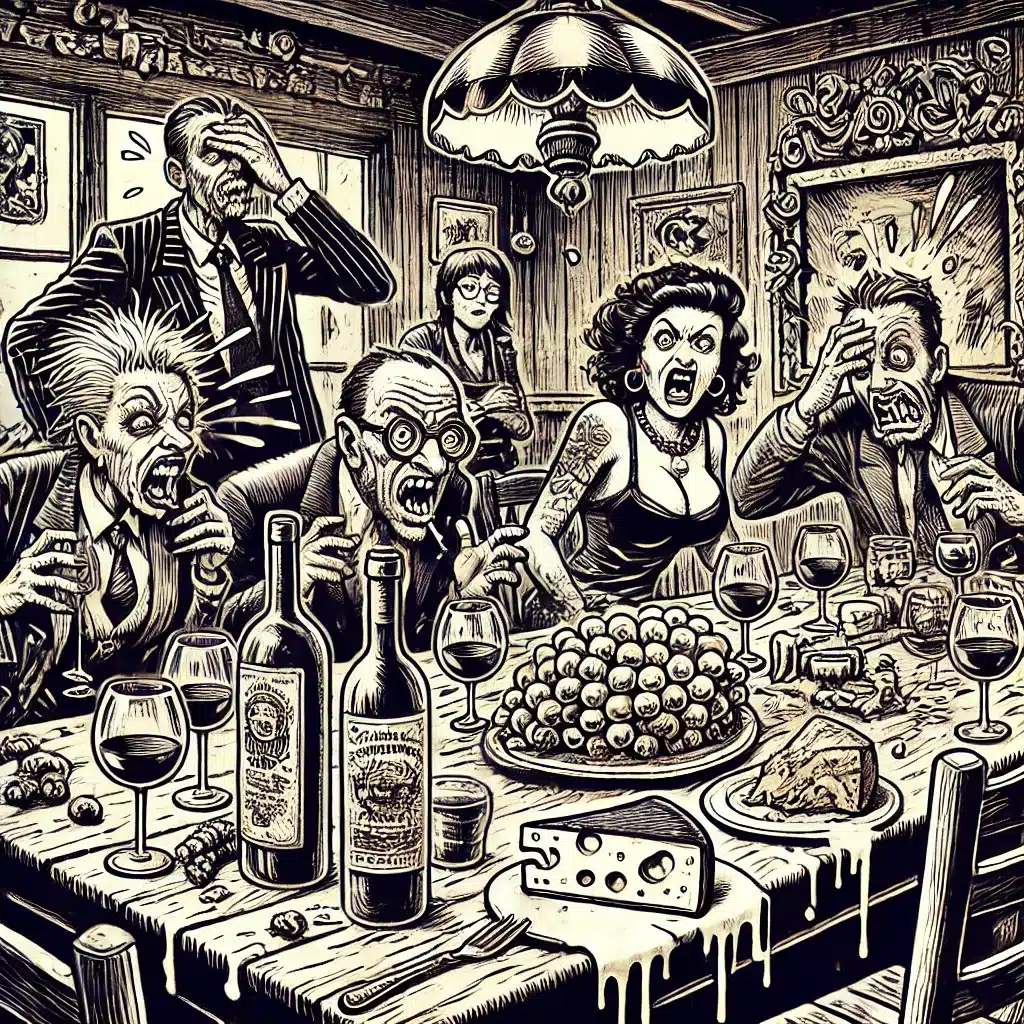 Cartoon dinner scene with shocked and angry guests.