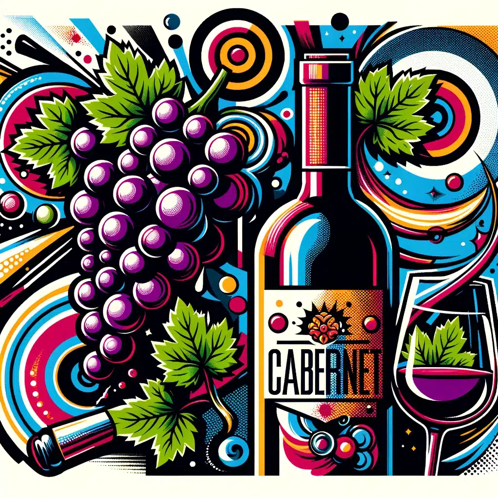 Colorful Cabernet wine bottle and grapes illustration.