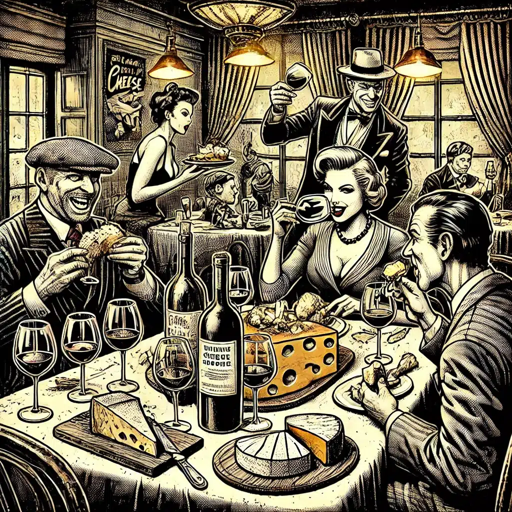 Vintage restaurant scene with wine and cheese