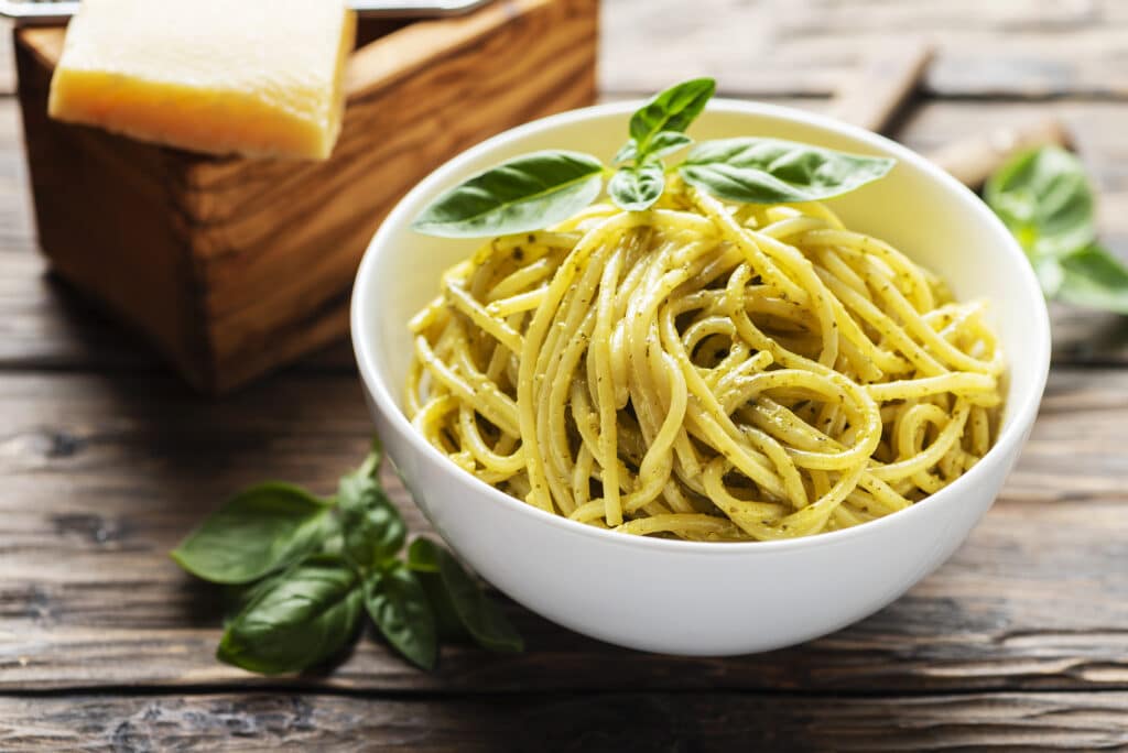 Typical Ligurian Spaghetti With Basil And Cheese, Rustic Style And Selective Focus
