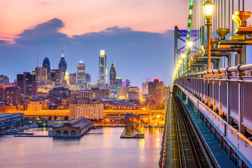 Philadelphia, Pennsylvania, Usa Downtown Skyline From The Benjamin Franklin Bridge.