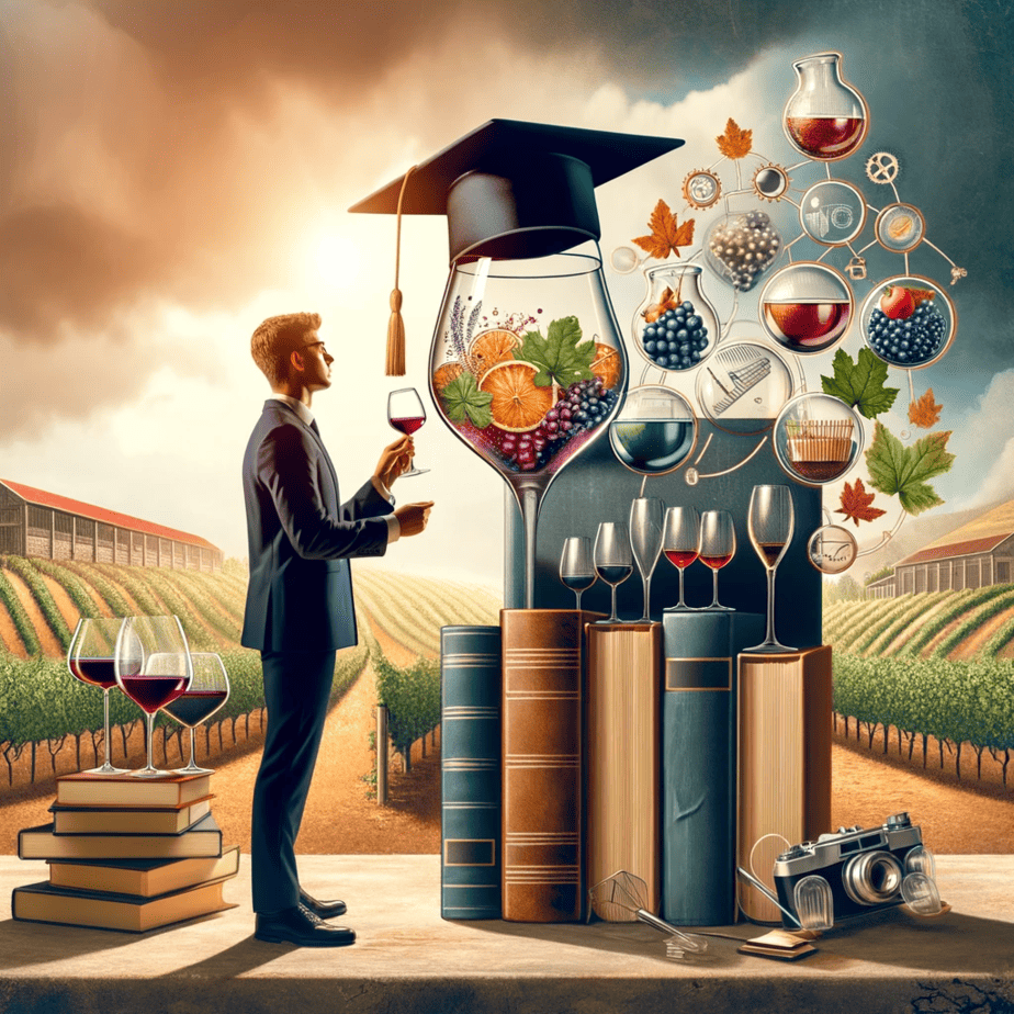 Dall·e 2023 11 25 17.53.25 A Conceptual Image Representing How To Become A Sommelier Featuring A Variety Of Elements Associated With The Journey To Becoming A Sommelier. Incl