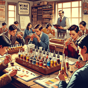 Dall·e 2024 01 23 16.30.46 A Retro Style Illustration Depicting A Wine School Sensory Training Course. The Setting Is A Cozy Classroom With Students Gathered Around A Large Woo