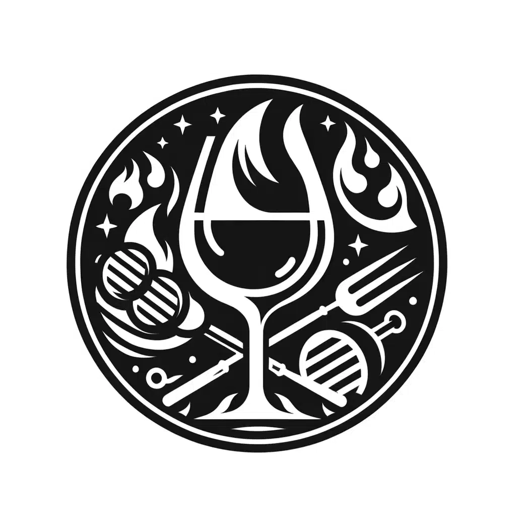 Glass of wine with barbecue elements and flames.