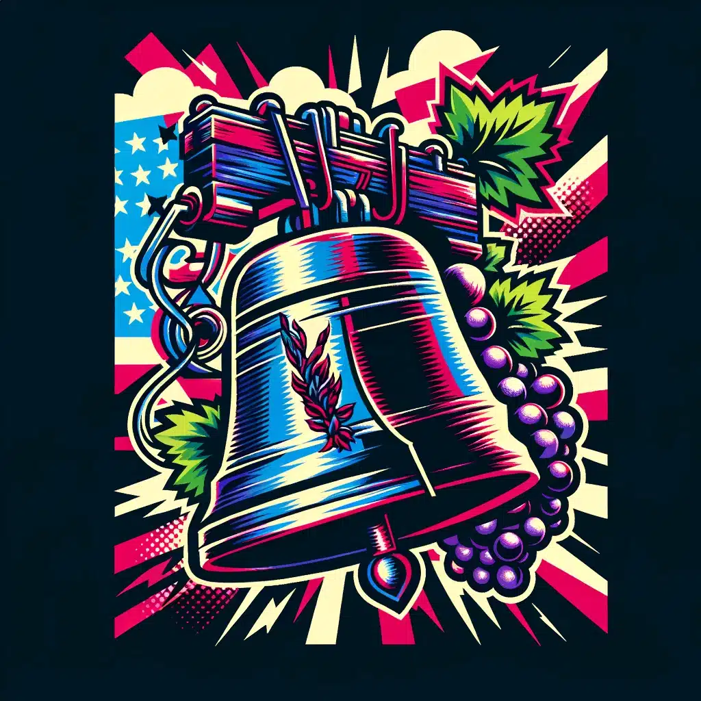 Colorful Liberty Bell illustration with grapes and stars.