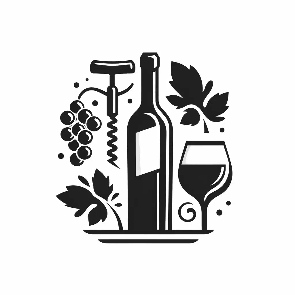 Wine bottle, corkscrew, glass, and grapes illustration.