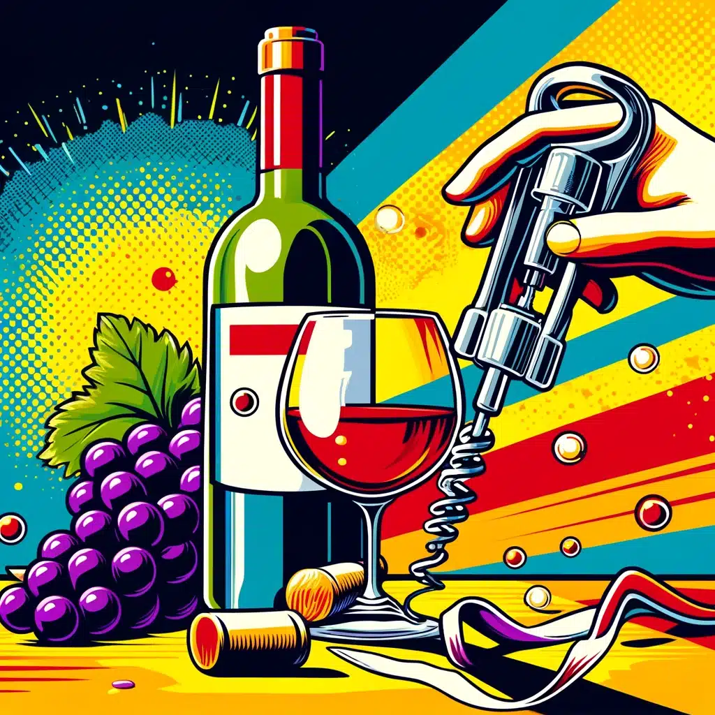 Pop art wine bottle, glass, grapes, and corkscrew illustration.