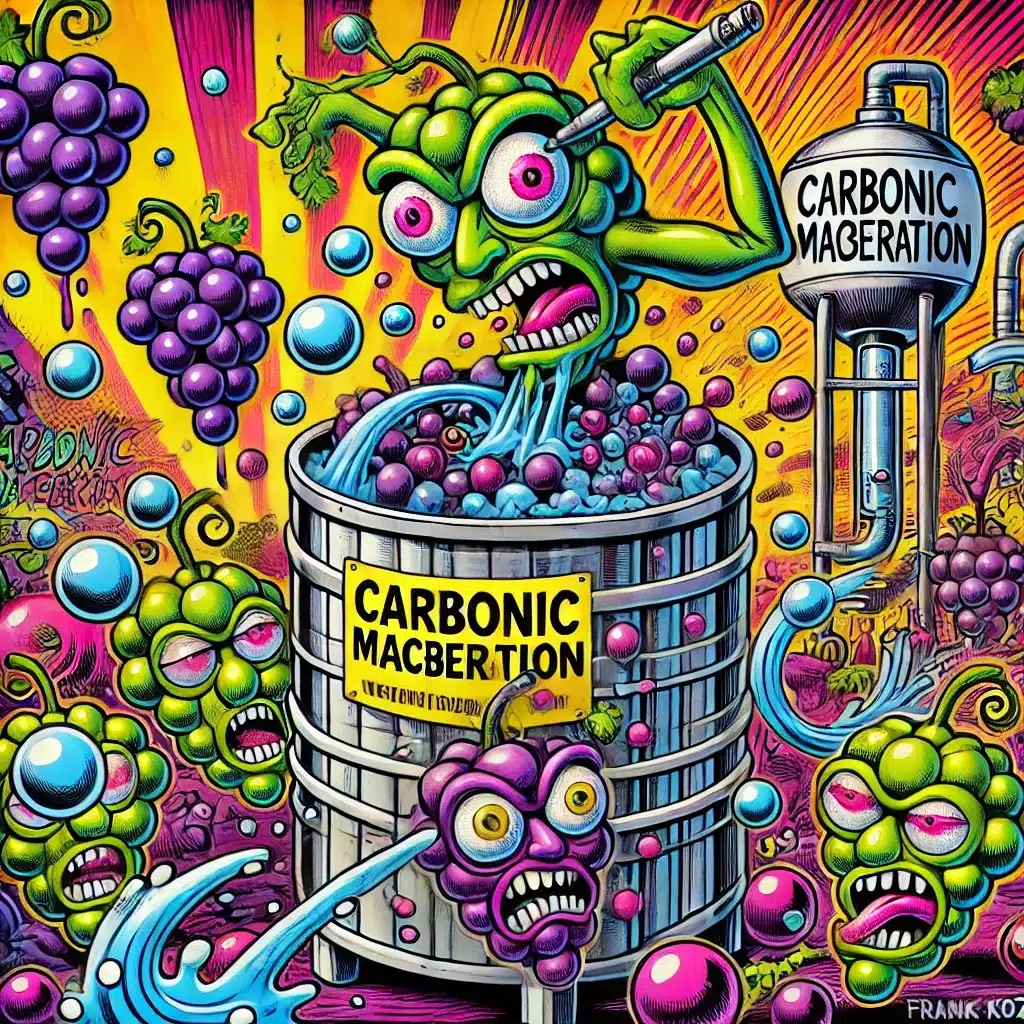 Cartoon grapes in carbonic maceration process.