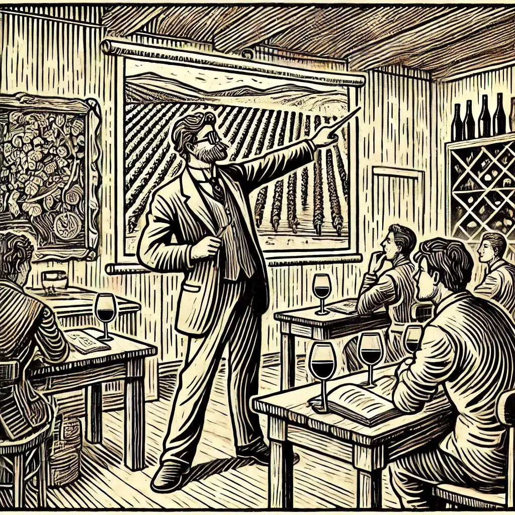 Woodcut of wine tasting class and vineyard presentation.