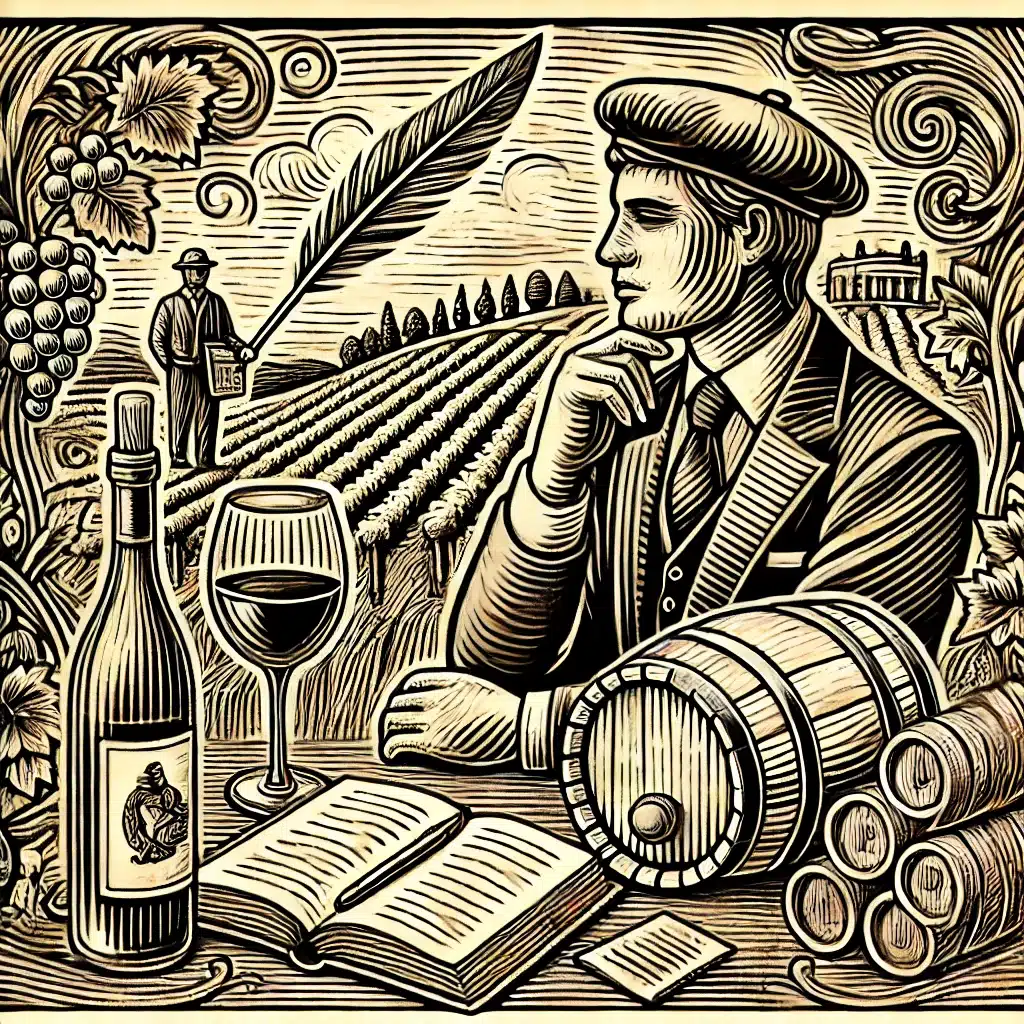 Winemaker in vineyard with wine, barrel, and book