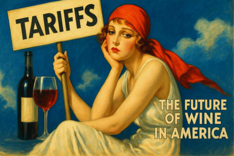 Woman holding tariffs sign, wine bottle nearby.