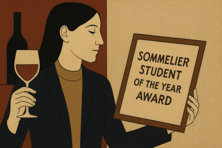 Sommelier student with award and wine glass