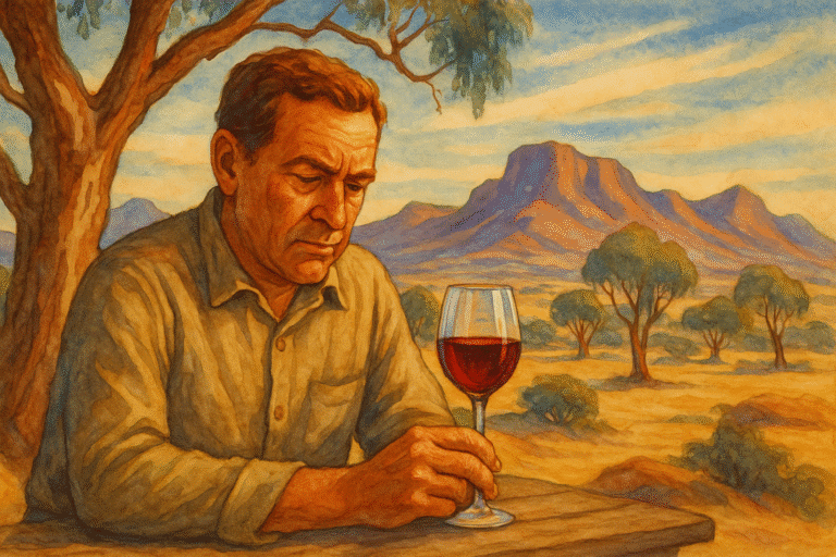 Man with wine, desert landscape background.
