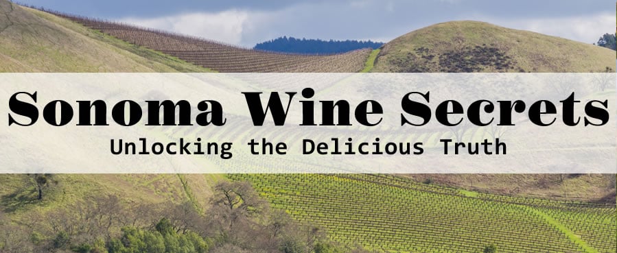 Sonoma vineyard landscape with wine secrets title.