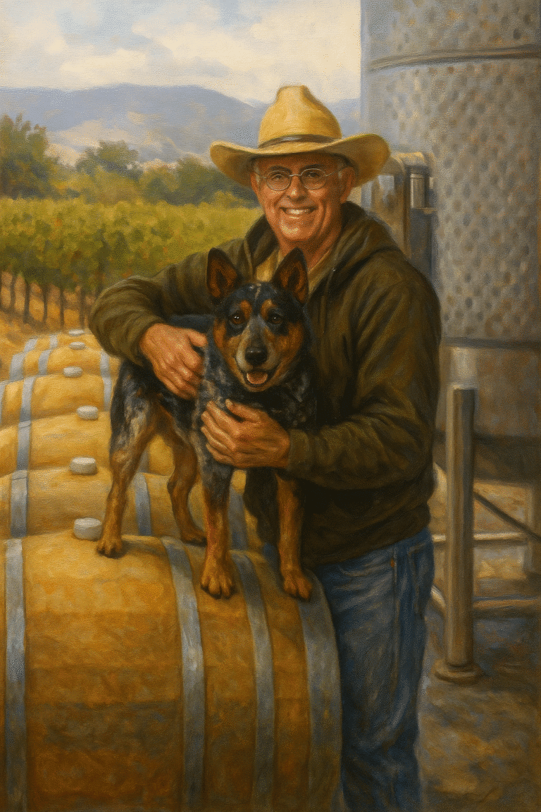 Smiling man with dog on wine barrels