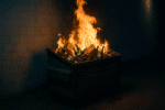 Dumpster with flames and burning wine bottles.