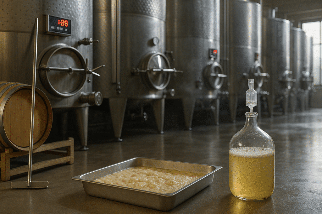 Fermentation process with metal brewing tanks and bottle.