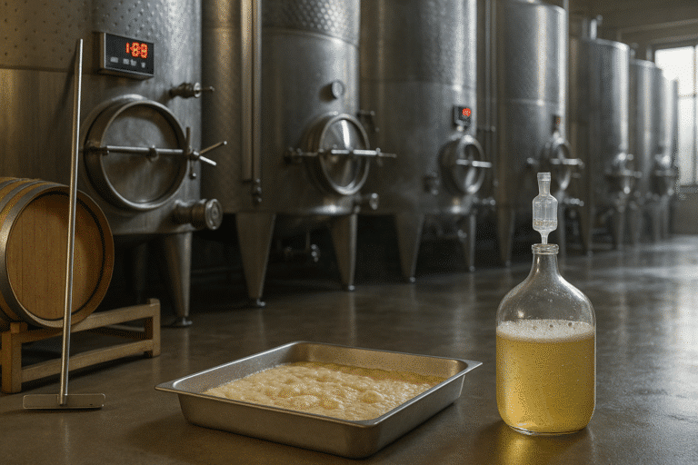 Fermentation process with metal brewing tanks and bottle.