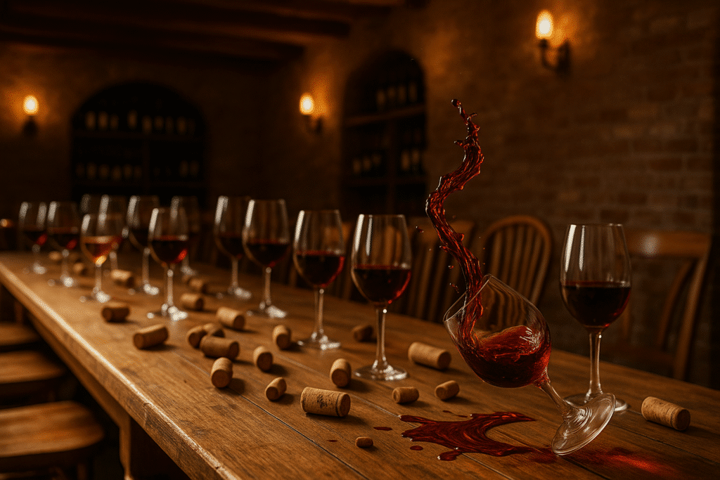 Spilled red wine surrounded by corks on table.
