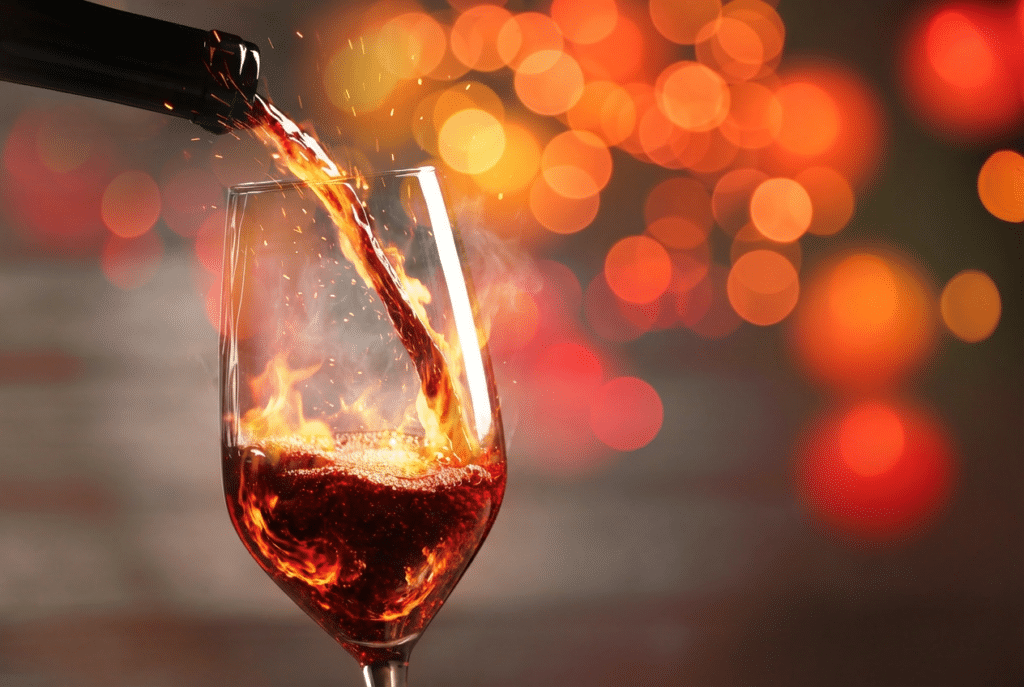 Red wine poured into flaming glass