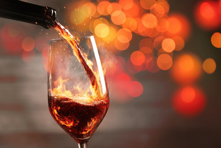 Red wine poured into flaming glass