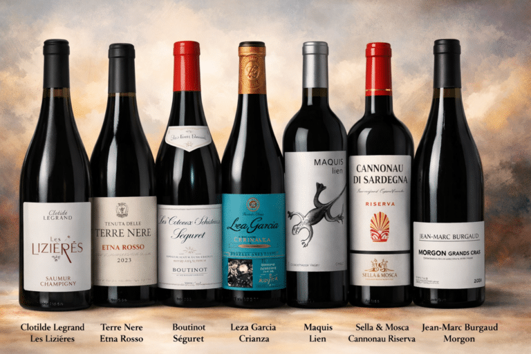 Seven bottles of assorted wines on display.