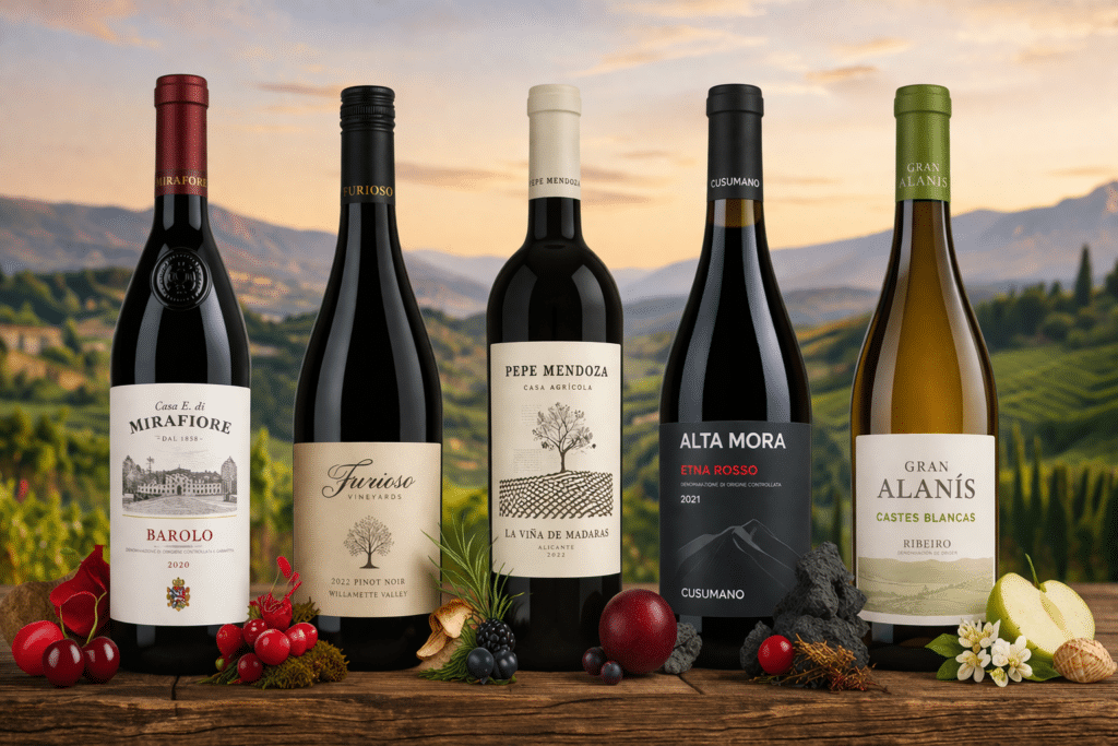 Five wine bottles with landscape background