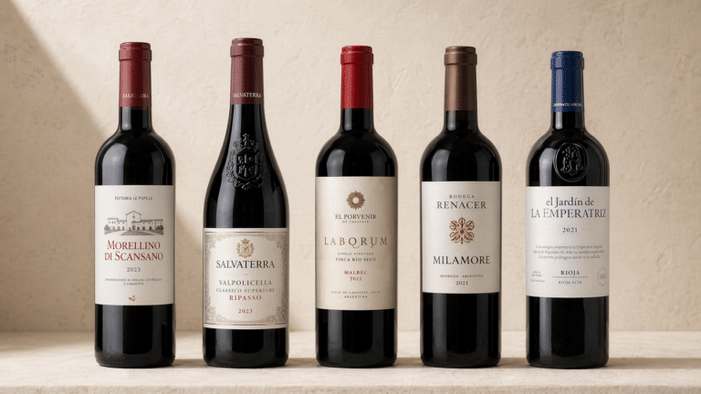 Five red wine bottles on neutral background