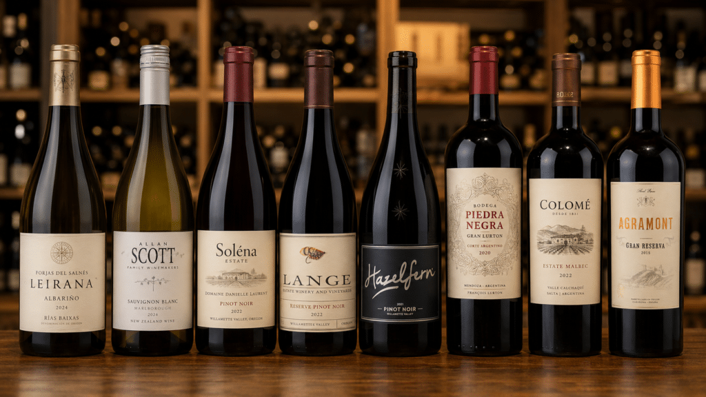 Eight wine bottles displayed on wooden table