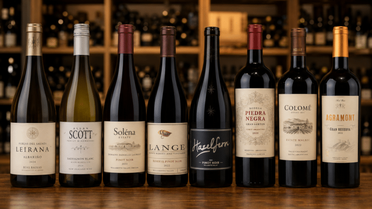 Eight wine bottles displayed on wooden table