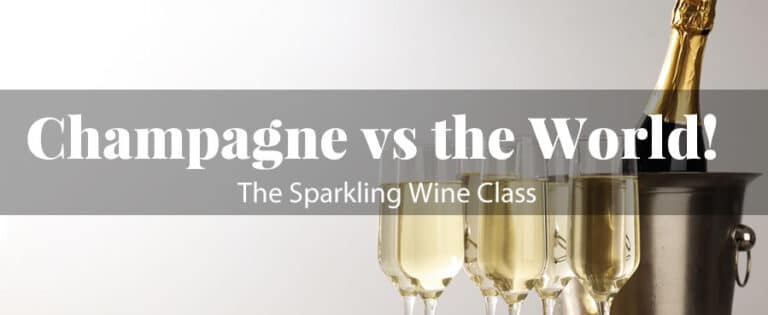 Champagne bottle and flutes with promotional text overlay