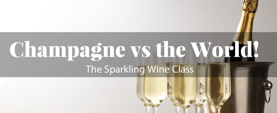 Champagne bottle and flutes with promotional text overlay