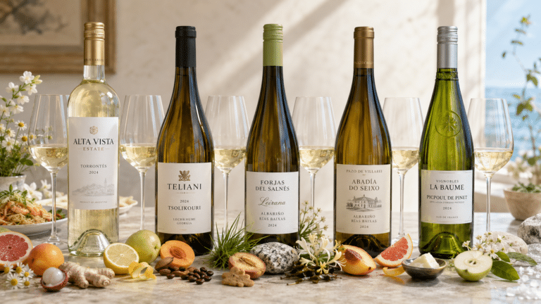 Five white wine bottles with glasses and fresh fruits