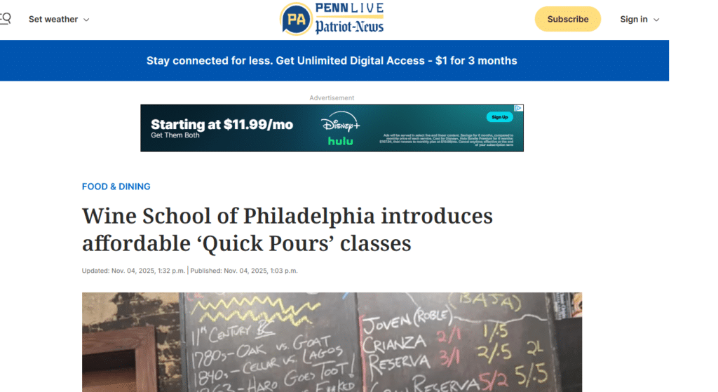 PennLive Highlights the Wine School’s New Affordable “Quick Pours” Classes