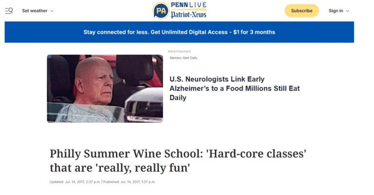 PennLive article page for Philly Summer Wine School