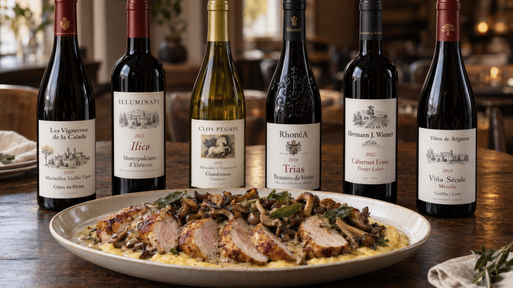 Six wine bottles beside mushroom-topped sliced chicken dish
