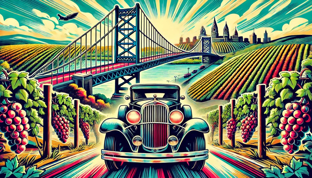Vintage car, bridge, vineyards, and city skyline.