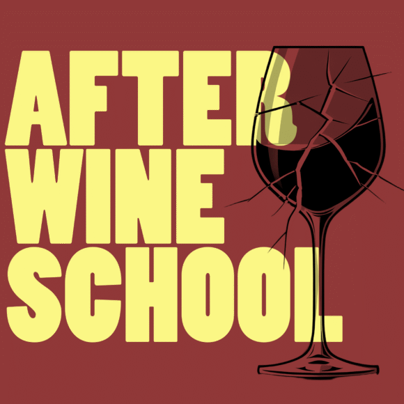 Shattered wine glass with bold text overlay