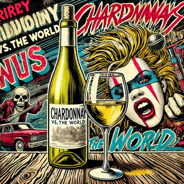 Chardonnay bottle with rock-themed comic background.