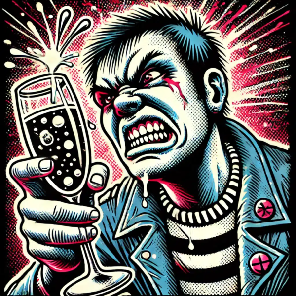 Angry cartoon punk with splashing drink.