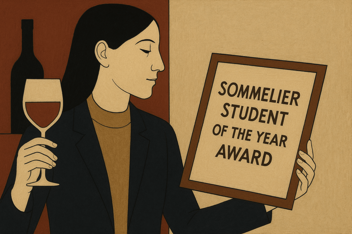 Sommelier student with award and wine glass
